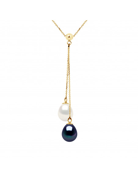 Collier Toi et Moi Or Blanc Véritable Perle Blanche et Noire
