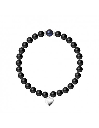 Bracelet Breloque Coeur - Perle de Culture et Agate Noire Matte - Argent 925 - NAÏLA