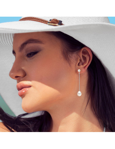 Boucles d'Oreilles Pendantes Doubles en Or et Perles de Culture - 2 Coloris - ELINE