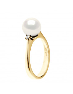 Golden Jewelry Ring, Diamonds and Round Culture Pearl 8 mm - Julia