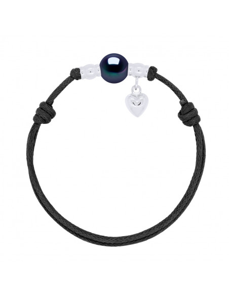 Bracelet Charm Coeur Argent Véritable Perle Noire Cordon Noire