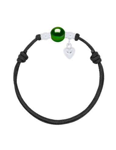 Bracelet Charm Coeur Argent Véritable Perle Noire Cordon Noire