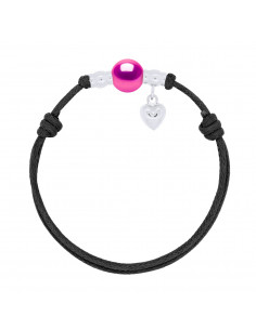 Bracelet Charm Coeur Argent Véritable Perle Noire Cordon Noire