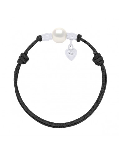 Bracelet Charm Coeur Argent Véritable Perle Noire Cordon Noire