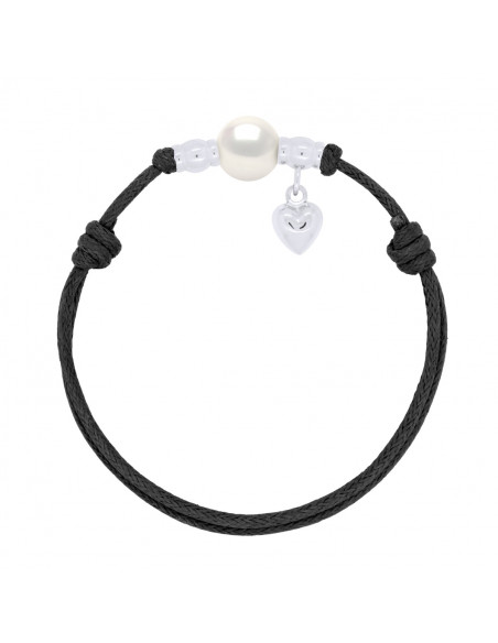 Bracelet Charm Coeur Argent Véritable Perle Noire Cordon Noire