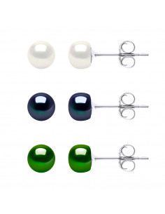 Coffret 3 Paires de Boucles d'Oreilles Perles de Culture 6 mm - Argent 925 - ENORA GREEN