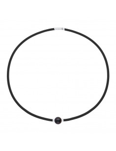 Collier Néoprène Véritable Perle Noire Viroles Argent Fermoir Argent