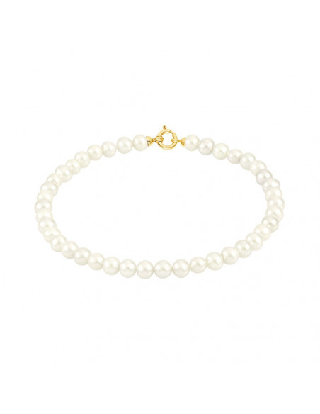 Pulsera de pinza de oro amarillo y rango de perlas de color blanco genuino