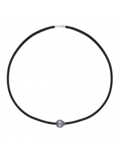 Collier Perle de Tahiti Cerclée 9-10 mm en Néoprène - Argent 925 - TEPAKU