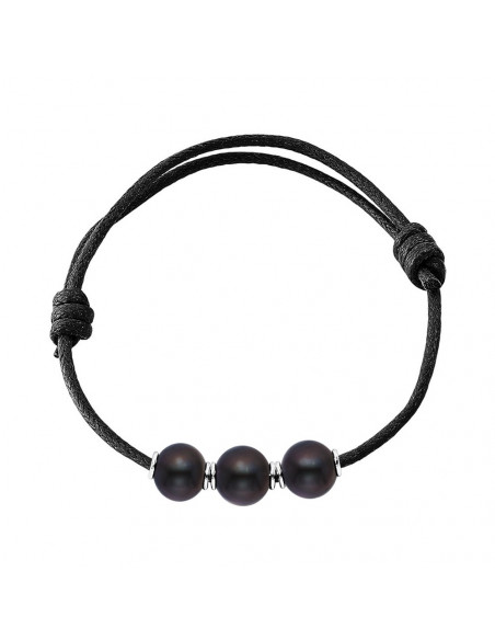 Bracelet Trio de Véritables Perles Noires avec Manchon Argent Massif
