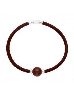 Genuine Brown Leather Bracelet Pearl and Silver Cherries