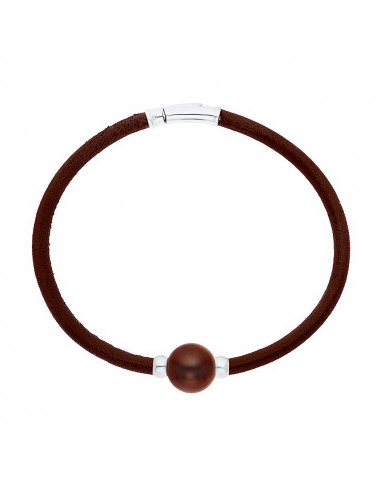 Bracelet Cuir Marron Véritable Perle et Viroles Argent