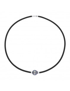Collier Néoprène Véritable Perle de Tahiti Viroles Argent