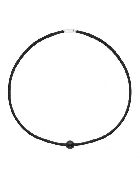 Collier Cuir Noir Véritable Perle et Fermoir Argent