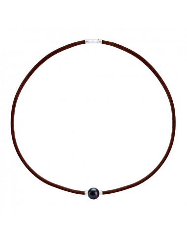 Collier Cuir Marron Véritable Perle et Viroles Argent