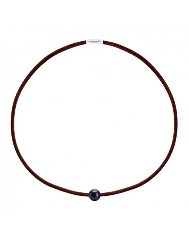 Collier Cuir Marron Véritable Perle et Fermoir Argent