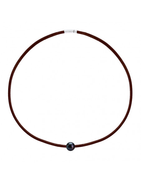 Collier Cuir Marron Véritable Perle et Fermoir Argent