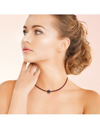 Collier Cuir Marron Véritable Perle et Fermoir Argent