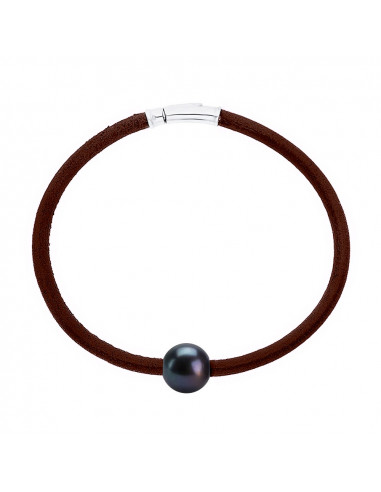 Bracelet Cuir Marron Véritable Perle Fermoir Argent