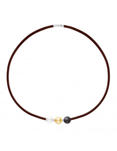 Collier Cuir Marron 3 Véritables Perles et Viroles Argent