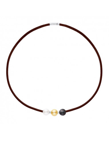 Collier Cuir Marron 3 Véritables Perles et Viroles Argent