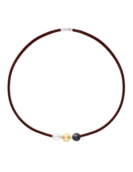 Collier Cuir Marron 3 Véritables Perles et Viroles Argent