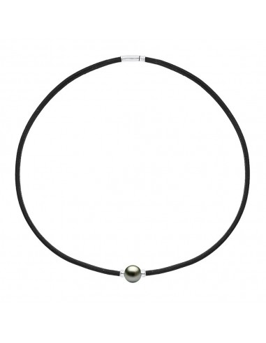 Collier Cuir Véritable Perle de Tahiti Viroles Argent