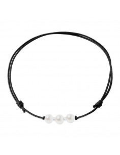 Collar de cereza de plata de plata 3 perlas blancas genuinas cordón negro