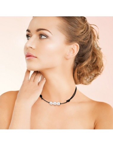 Collier Viroles Argent Massif 3 Véritables Perles Blanches Cordon Noir