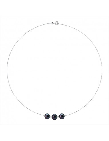 Collier Câble Or Blanc et 3 Véritables Perles Alternées Viroles Or