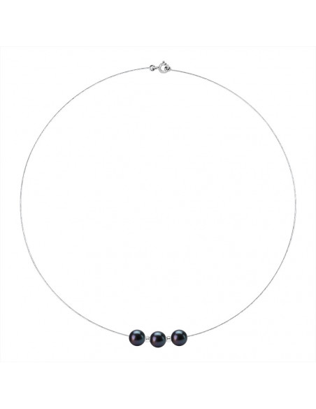 Collier Câble Or Blanc et 3 Véritables Perles Alternées Viroles Or