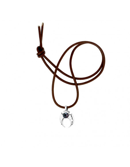 Collier Cuir Marron Véritable Perle Noir Pendentif TRIBAL Argent