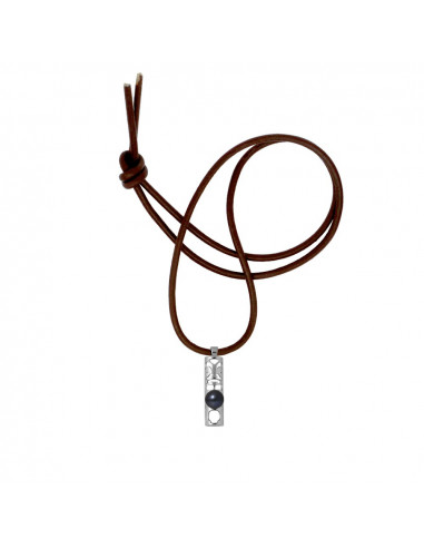 Collier TIKI Lien Cuir Naturel et Perle de Culture Noire - Argent 925 - NARII