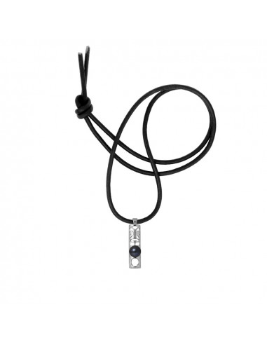 Black Leather Link and Black Culture Bead Necklace - 925 Silver - Narii