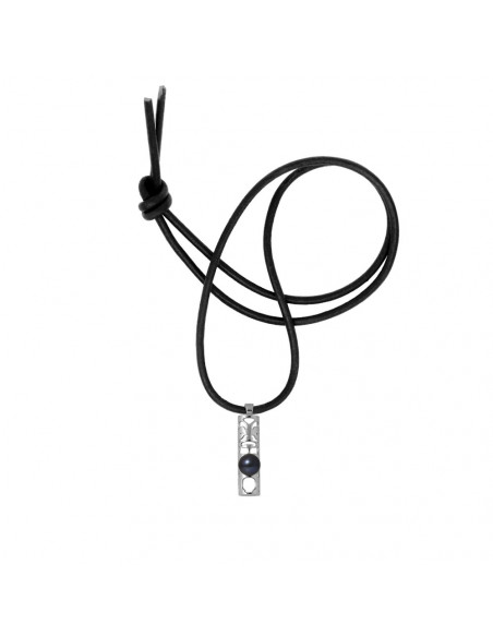 Black Leather Link and Black Culture Bead Necklace - 925 Silver - Narii