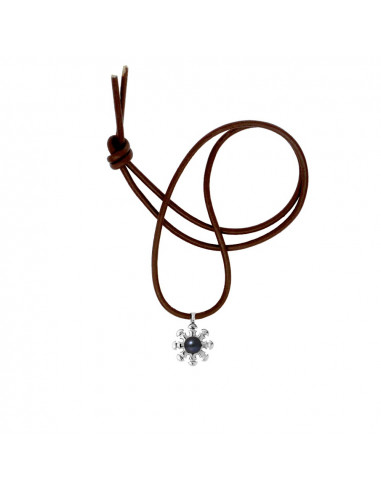 Collier Tribal Lien Cuir Naturel et Perle de Culture Noire - Argent 925 - NAEOLE
