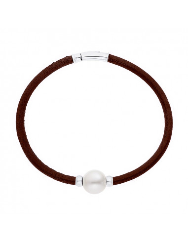Bracelet Cuir Marron Véritable Perle et Viroles Argent