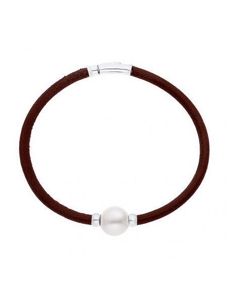 Pulsera de cuero marrón genuino perla y cerezas de plata