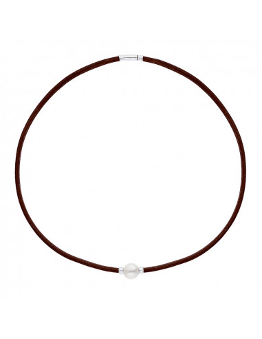Collier Cuir Marron Véritable Perle et Viroles Argent