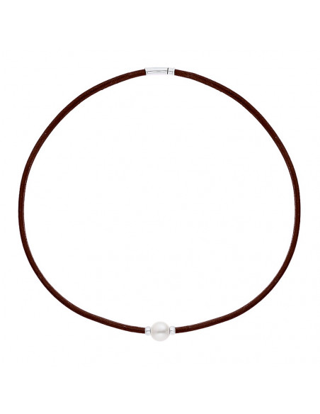 Collar de cuero marrón genuino perla y cerezas de plata