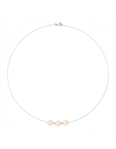 Collar de cables de oro blanco y 3 perlas alternas reales