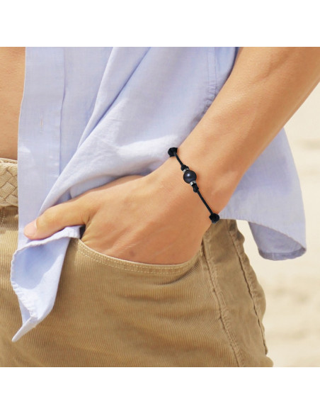 Bracelet Viroles Argent Massif Véritable Perle Noire Cordon à choisir