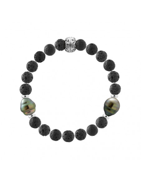 Bracelet Tikki et Perles de Tahiti Cerclées en Agate Noire Matte - Argent 925 - RAPANUI