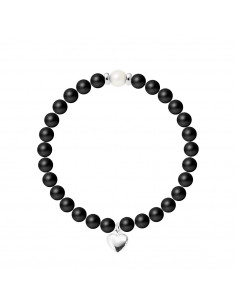Bracelet Breloque Coeur - Perle de Culture et Agate Noire Matte - Argent 925 - NAÏLA