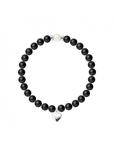 Bracelet Breloque Coeur - Perle de Culture et Agate Noire Matte - Argent 925 - NAÏLA