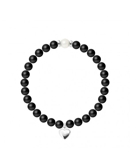 Bracelet Breloque Coeur - Perle de Culture et Agate Noire Matte - Argent 925 - NAÏLA