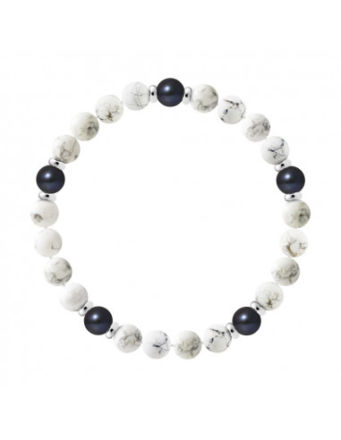 Bracelet 5 Perles de Culture Noires en Howlite Blanche - Argent 925 - FIVE