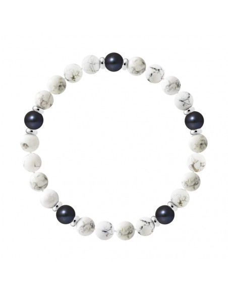 Bracelet 5 Perles de Culture Noires en Howlite Blanche - Argent 925 - FIVE