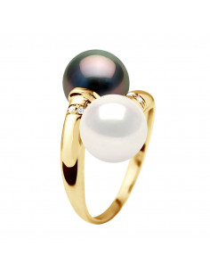 Anello per gioielli Tu e me in oro, diamanti e perla di Tahiti - Maeva
