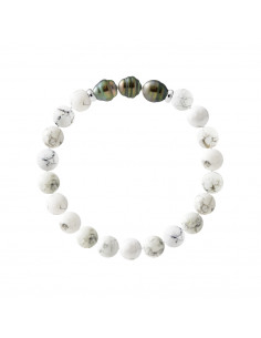 Armband 3 Tahiti-Perlen in weiß umkreist Howlite - Silber 925 - Taenga
